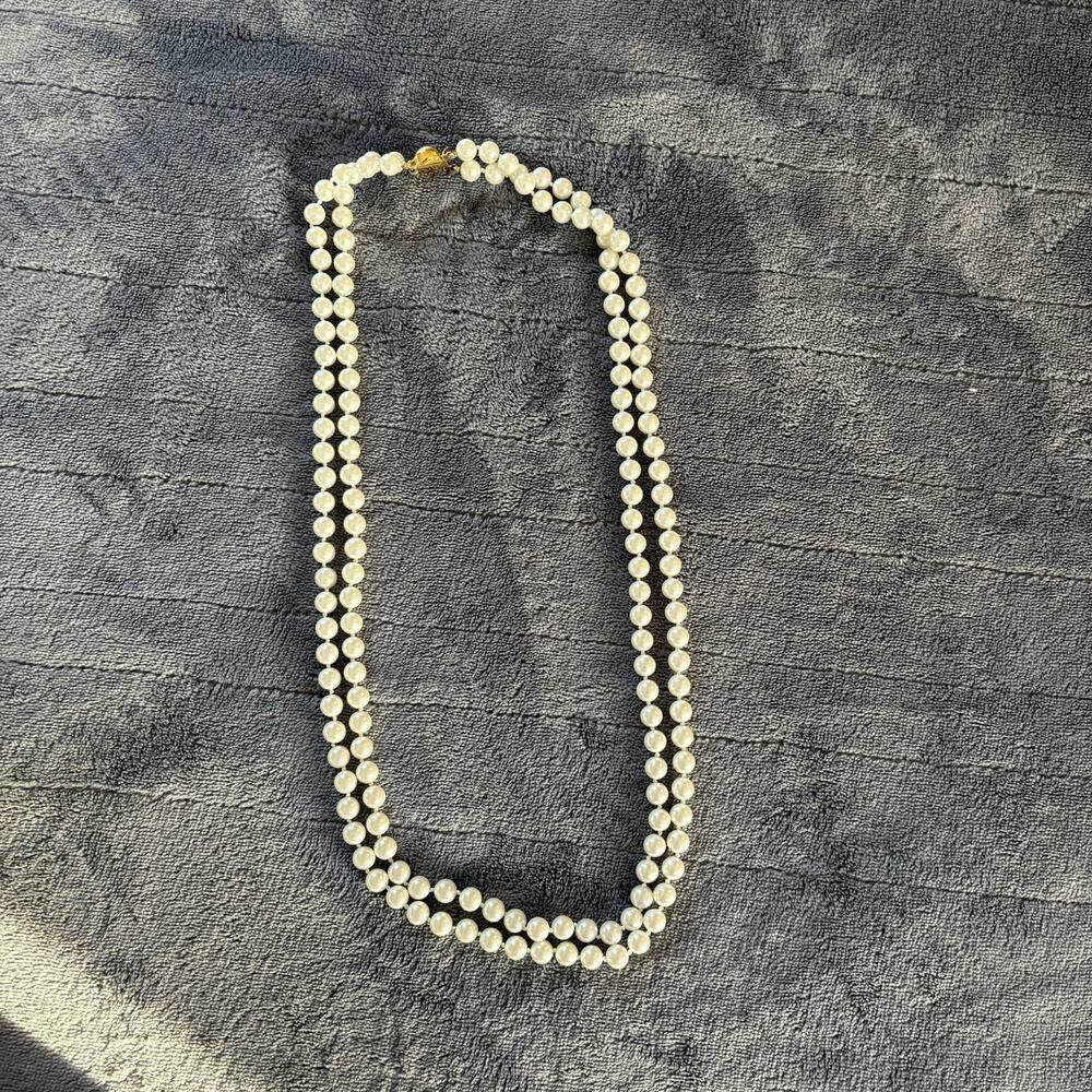 Vintage Carolee Faux Pearl 28" Double Strand Necklace Signed Box Clasp Knotted